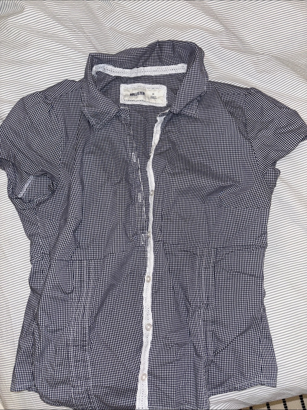 Hollister Navy and White Gingham Short-Sleeve Button-Down Shirt